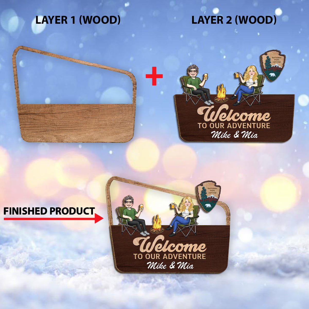 Willkommen zu unserem Abenteuer – Personalisiertes Camping-Holzschild (2-lagig) / Holzplakette