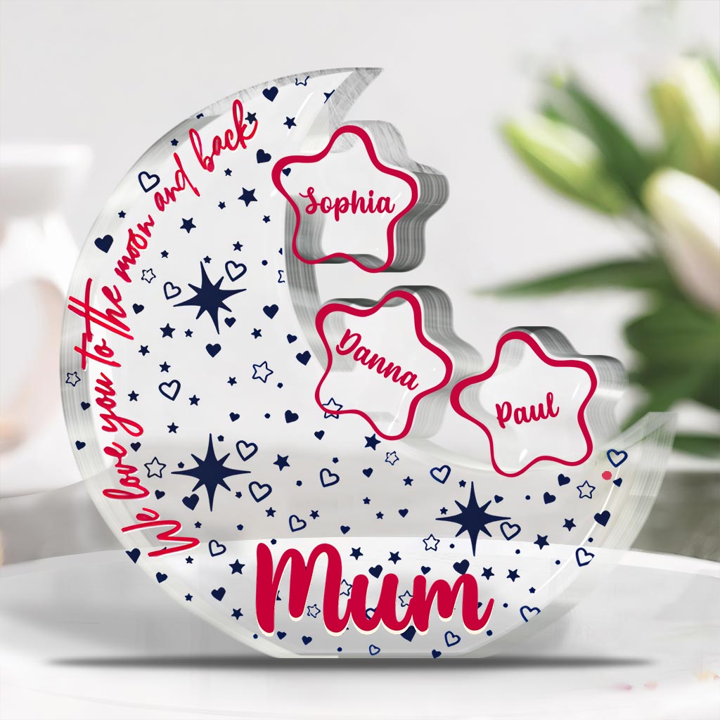 Wir lieben dich bis zum Mond und zurück – Personalisierte Acrylplakette in individueller Form für Mutter