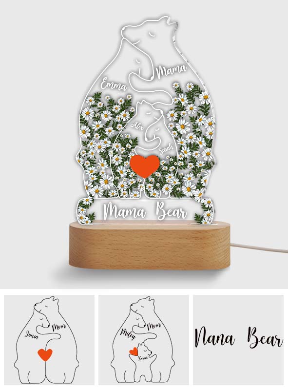 Blumenmuster: Mama Bär und ihre Jungen umarmen sich – Personalisierte, mutterförmige Plakettenleuchte