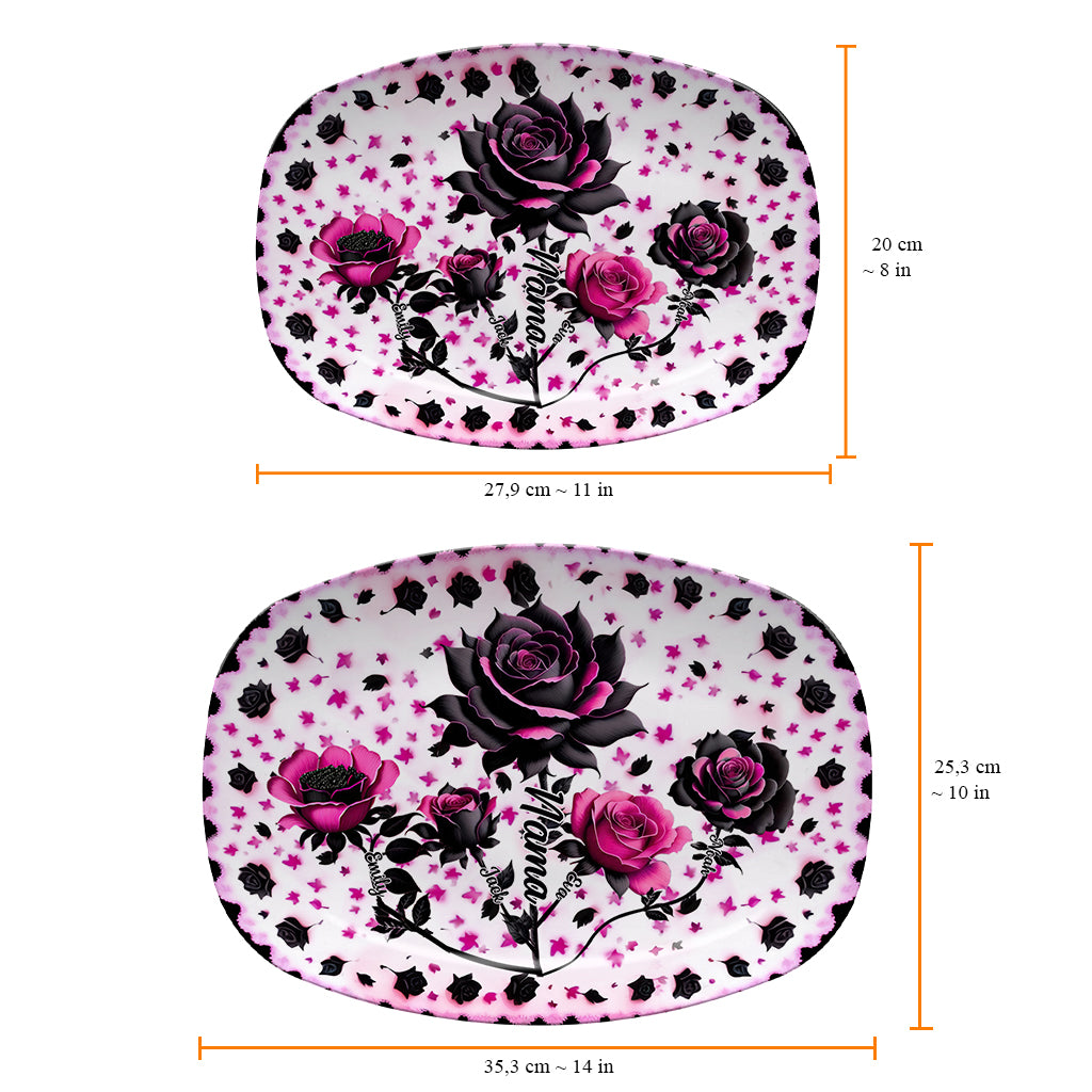 Mutter, Oma und Kinder, schwarze und rosa Rosen – personalisierter Oma-Teller
