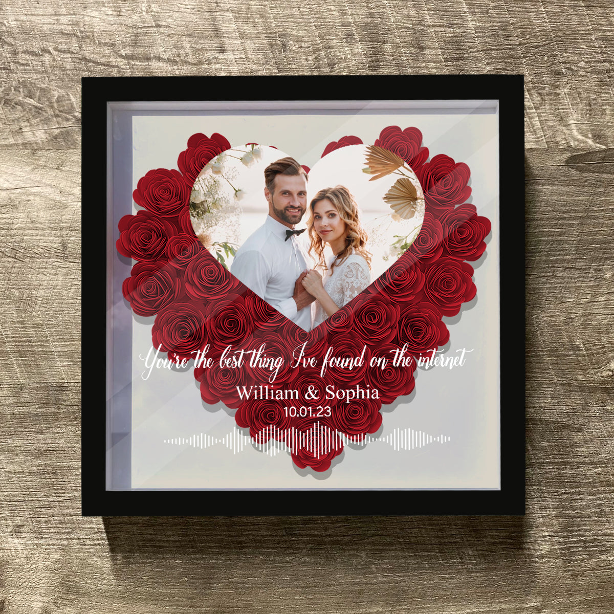 Individuelles Foto, Namen, Datum, Nachricht und Soundwave – personalisierte Blumen-Schattenbox für Paare