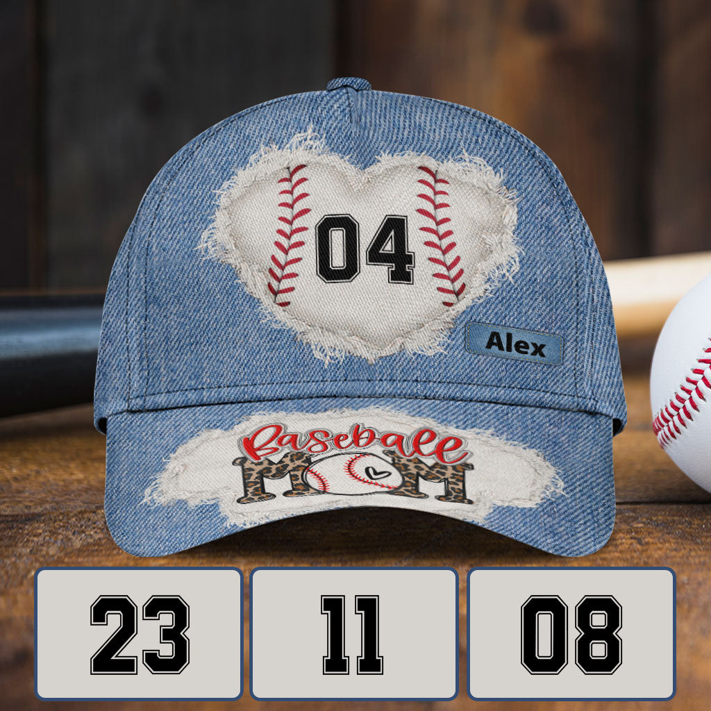 Baseball Mom Number Custom Denim Pattern - Personalized Baseball Classic Cap