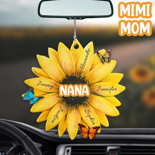 Sonnenblume mit beliebigem Titel und Namen eines Kindes – personalisierter Autoanhänger für Oma