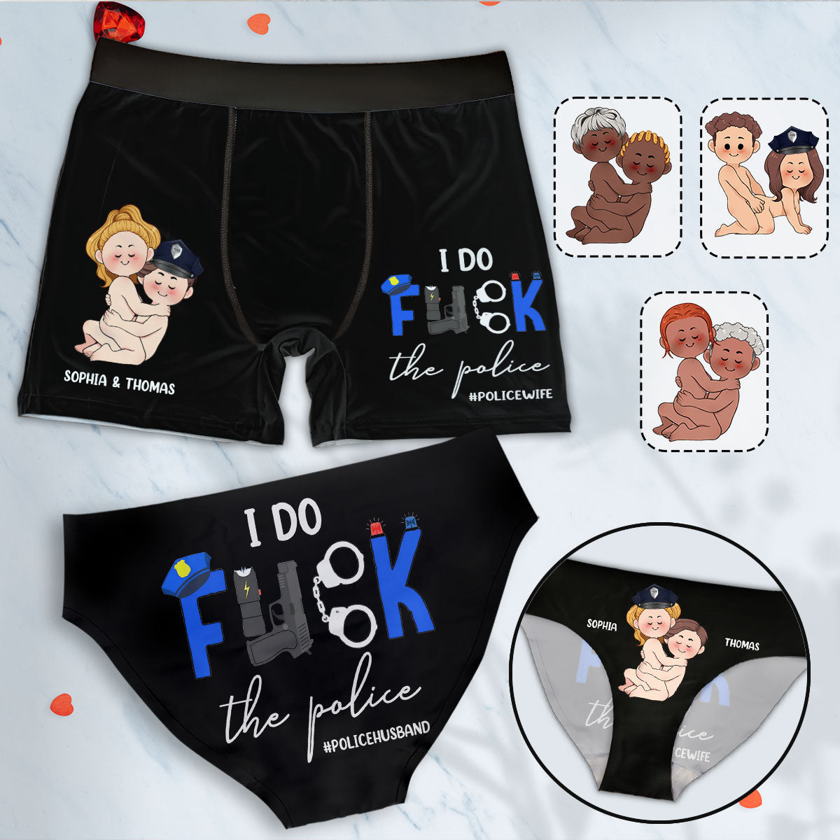 Ich liebe die Polizei – Personalisierte Slips für Paare (Damen) und Boxershorts für Herren