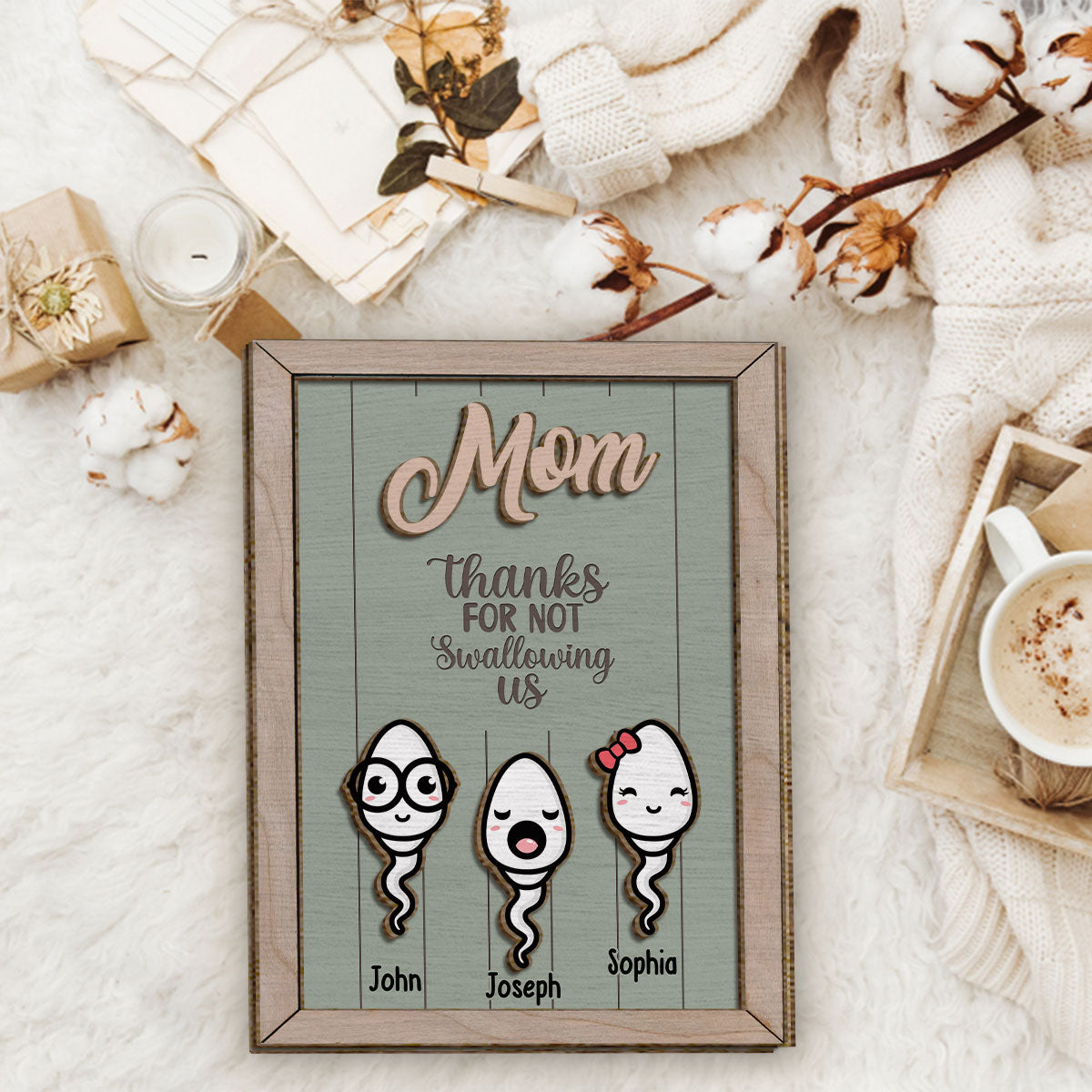„Danke, dass du nicht geschluckt hast“ – Lustiges, personalisiertes zweilagiges Holzschild für Mütter / Holzplakette