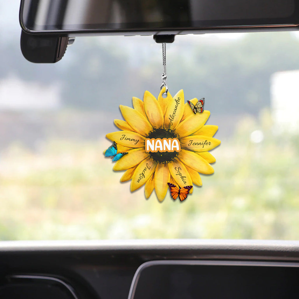 Sonnenblume mit beliebigem Titel und Namen eines Kindes – personalisierter Autoanhänger für Oma