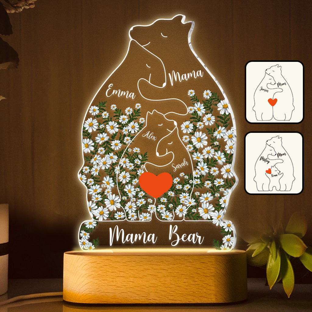 Blumenmuster: Mama Bär und ihre Jungen umarmen sich – Personalisierte, mutterförmige Plakettenleuchte
