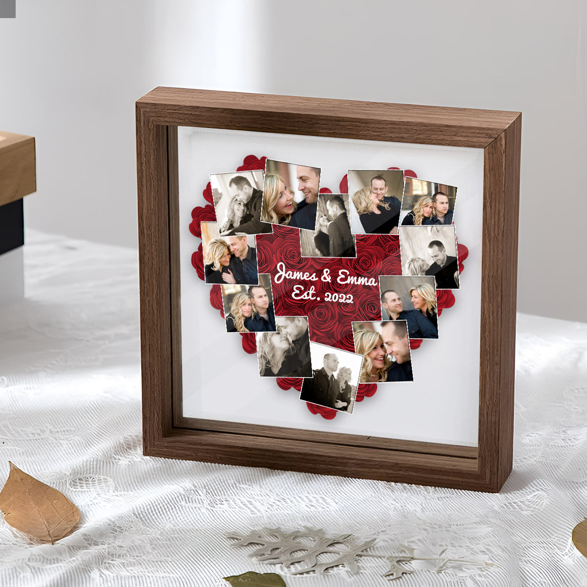 Romantisches Geschenk mit Herzfotos im Polaroid-Stil – personalisierte Blumen-Schattenbox für Paare