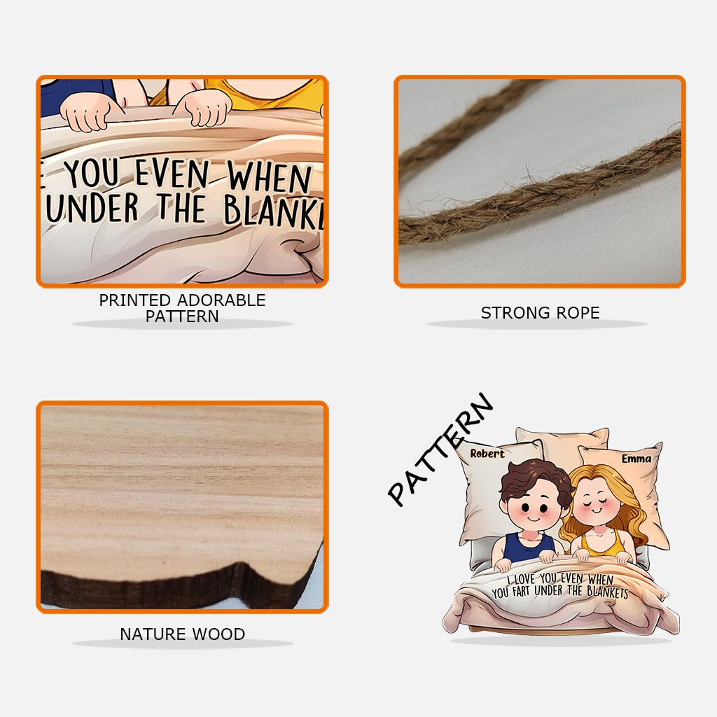 Ich liebe dich auch dann, wenn du unter der Decke furzt – personalisiertes Holzschild für Paare in individueller Form