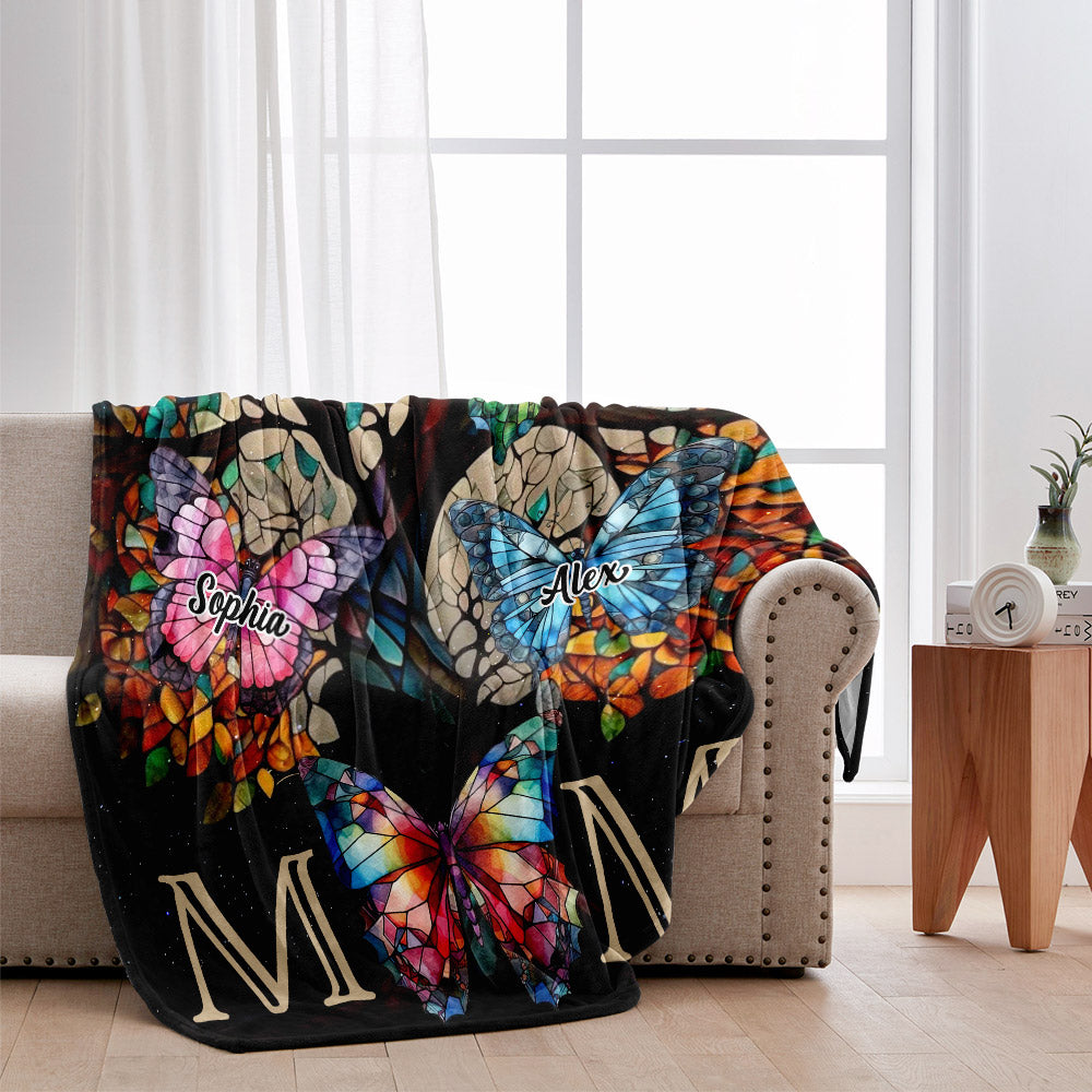 Buntes Schmetterlingsmuster im Buntglas-Design – Personalisierte Mutterdecke