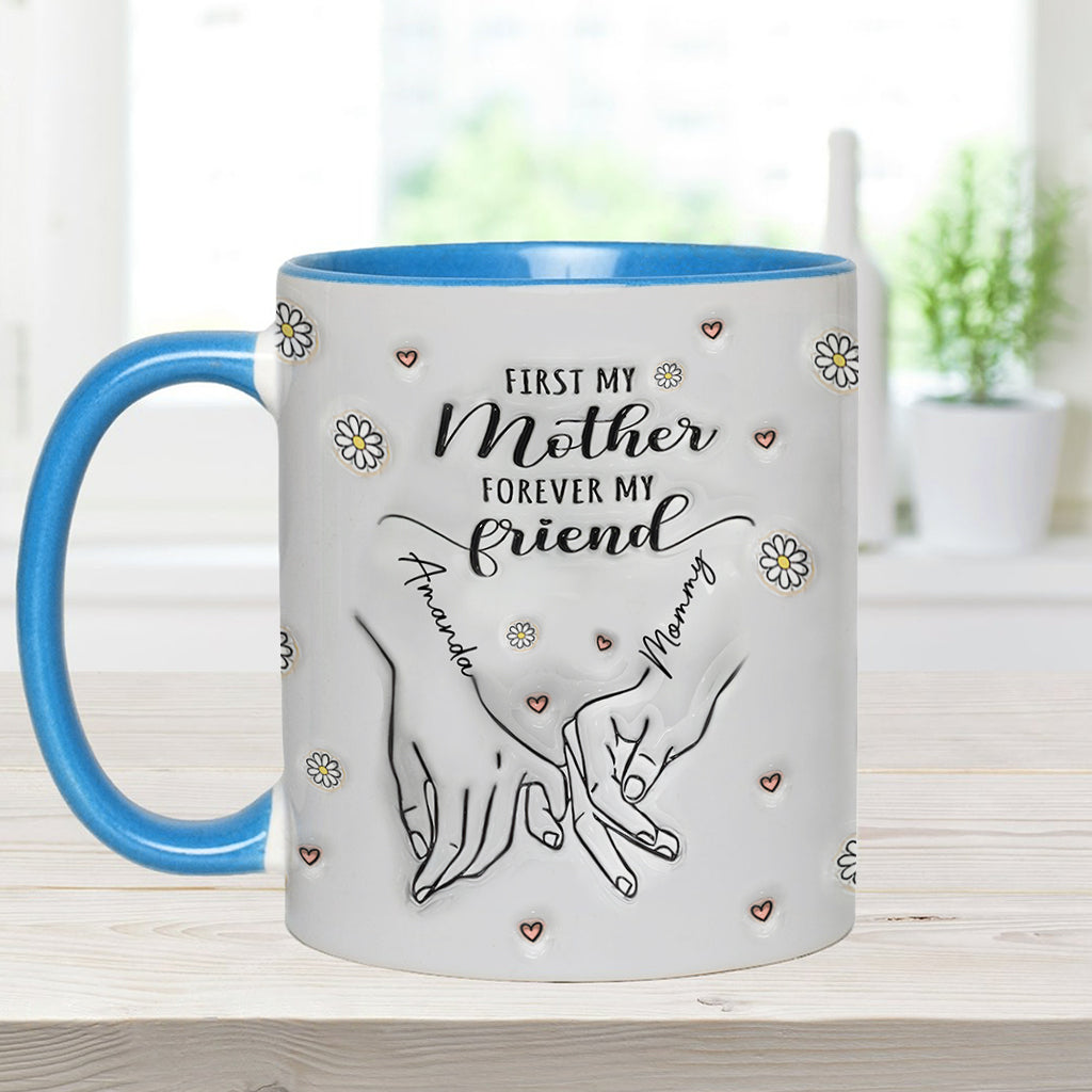 „Erst meine Mutter, für immer meine Freundin“ – personalisierte Tasse mit Muttermotiv