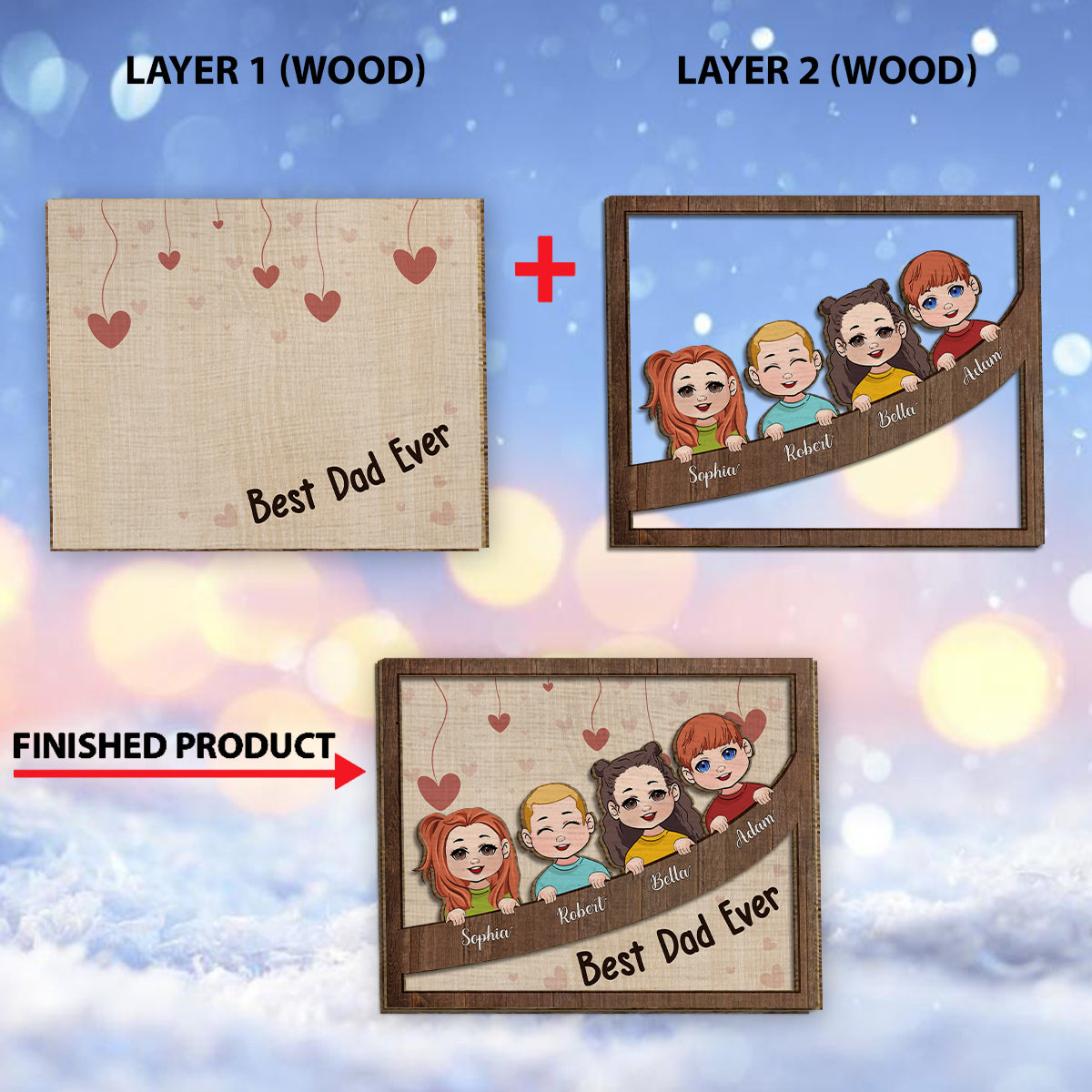 Bester Papa, Mama, Oma, Opa aller Zeiten – Personalisiertes 2-lagiges Holzschild/Holzplakette für Väter (Chibi-Kinder)