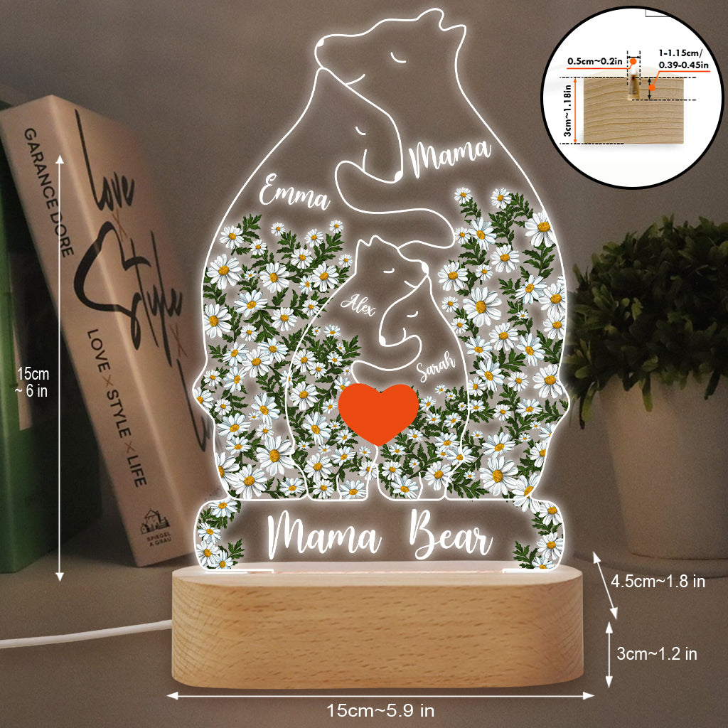Blumenmuster: Mama Bär und ihre Jungen umarmen sich – Personalisierte, mutterförmige Plakettenleuchte