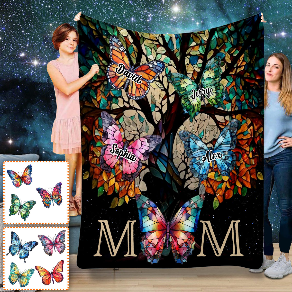Buntes Schmetterlingsmuster im Buntglas-Design – Personalisierte Mutterdecke