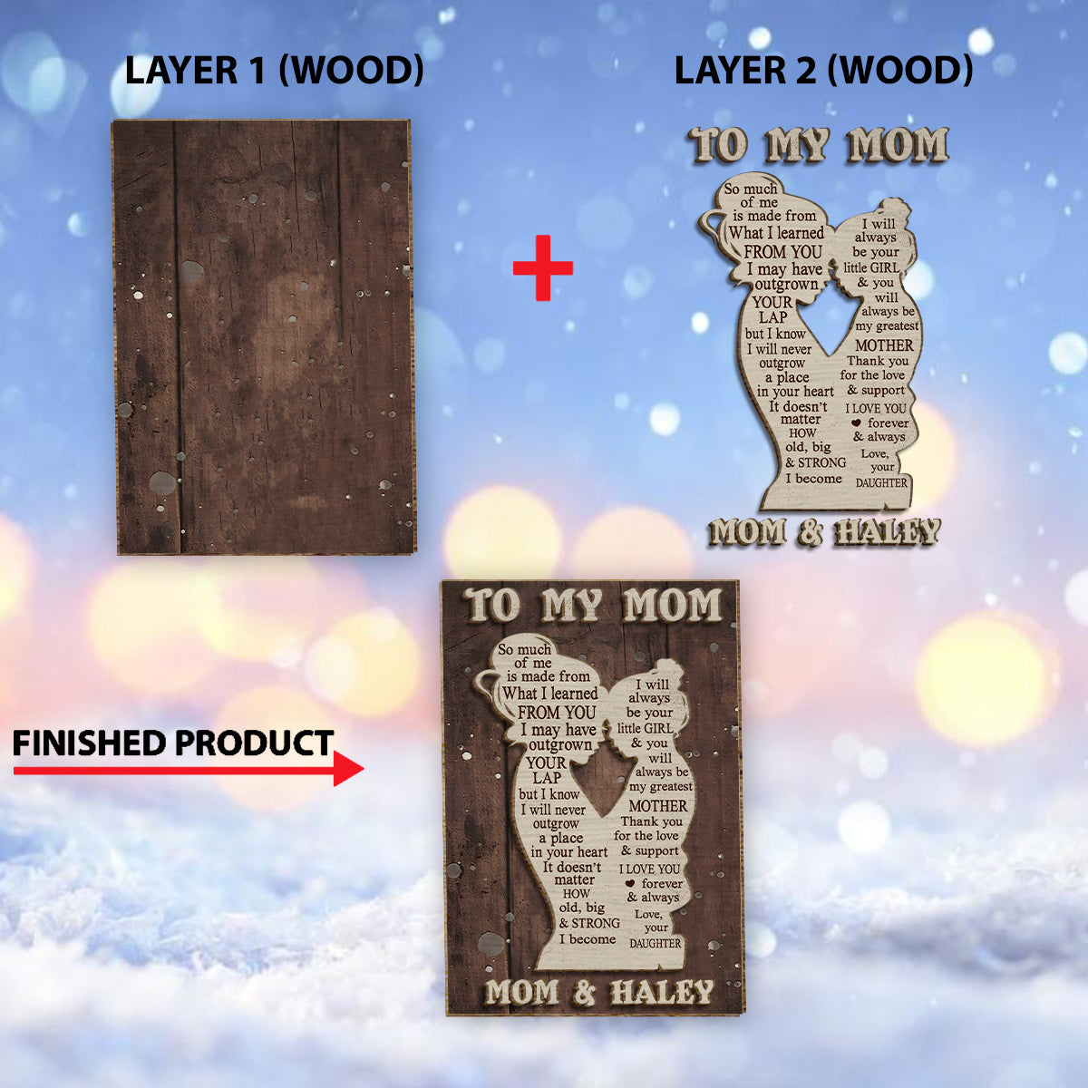 An meine Mama – Mutter-Kind-Silhouette – Personalisiertes zweilagiges Holzschild/Holzplakette