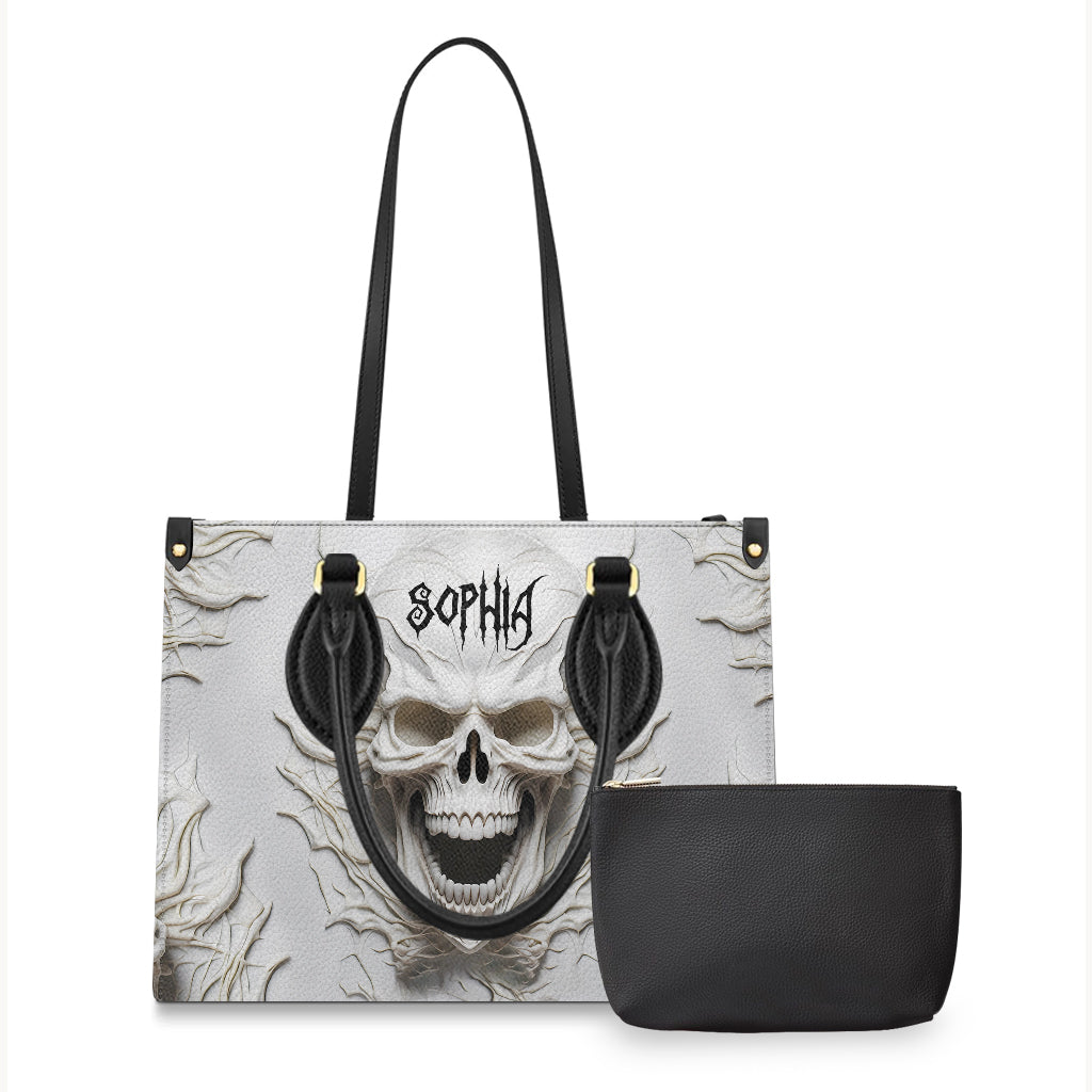 Wunderschöne weiße Skelett-Handtasche aus Leder mit Totenkopfmotiv – personalisierbar