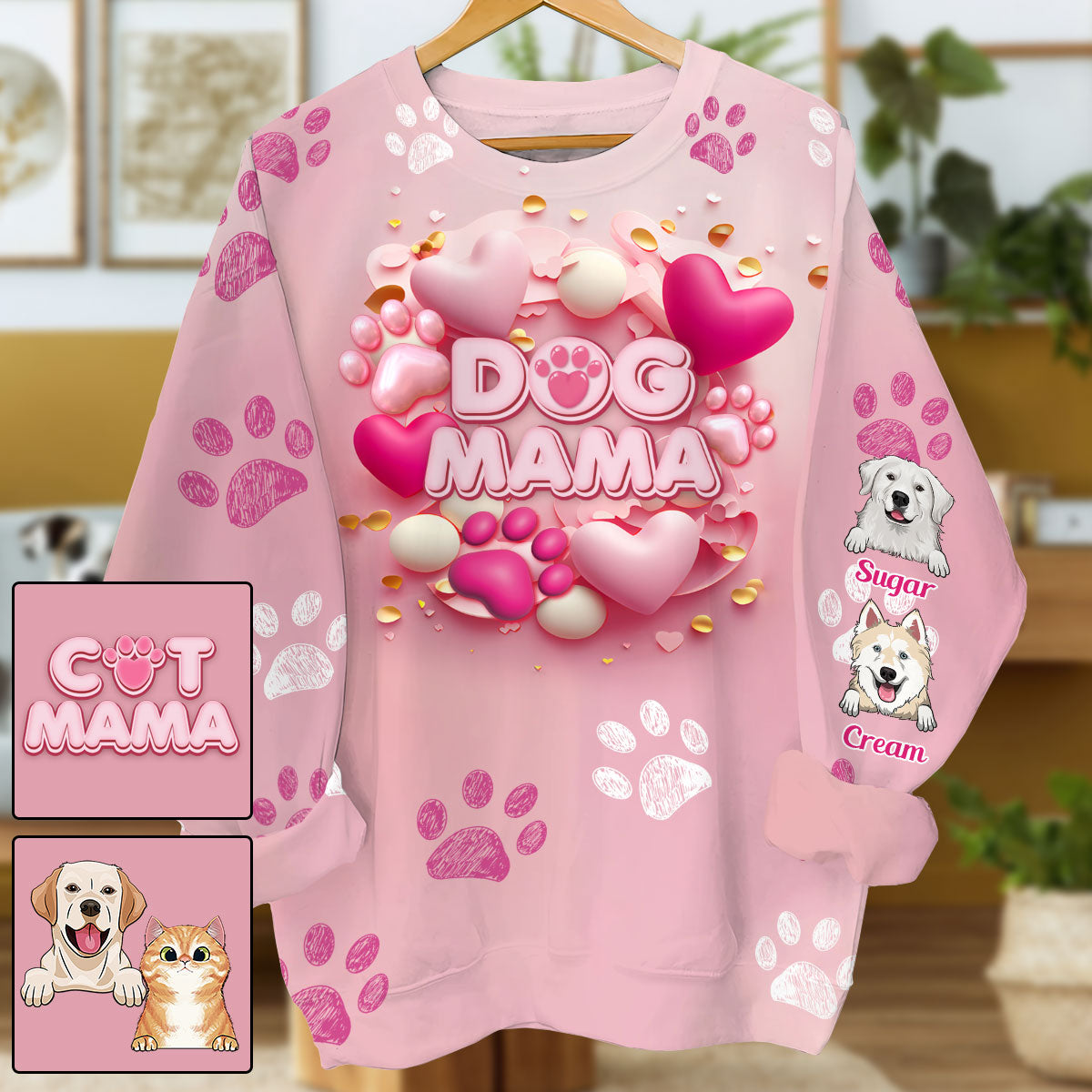 Dog Cat Mama Fur Mom 3D Pink Heart - Personalized Dog All Over Shirt