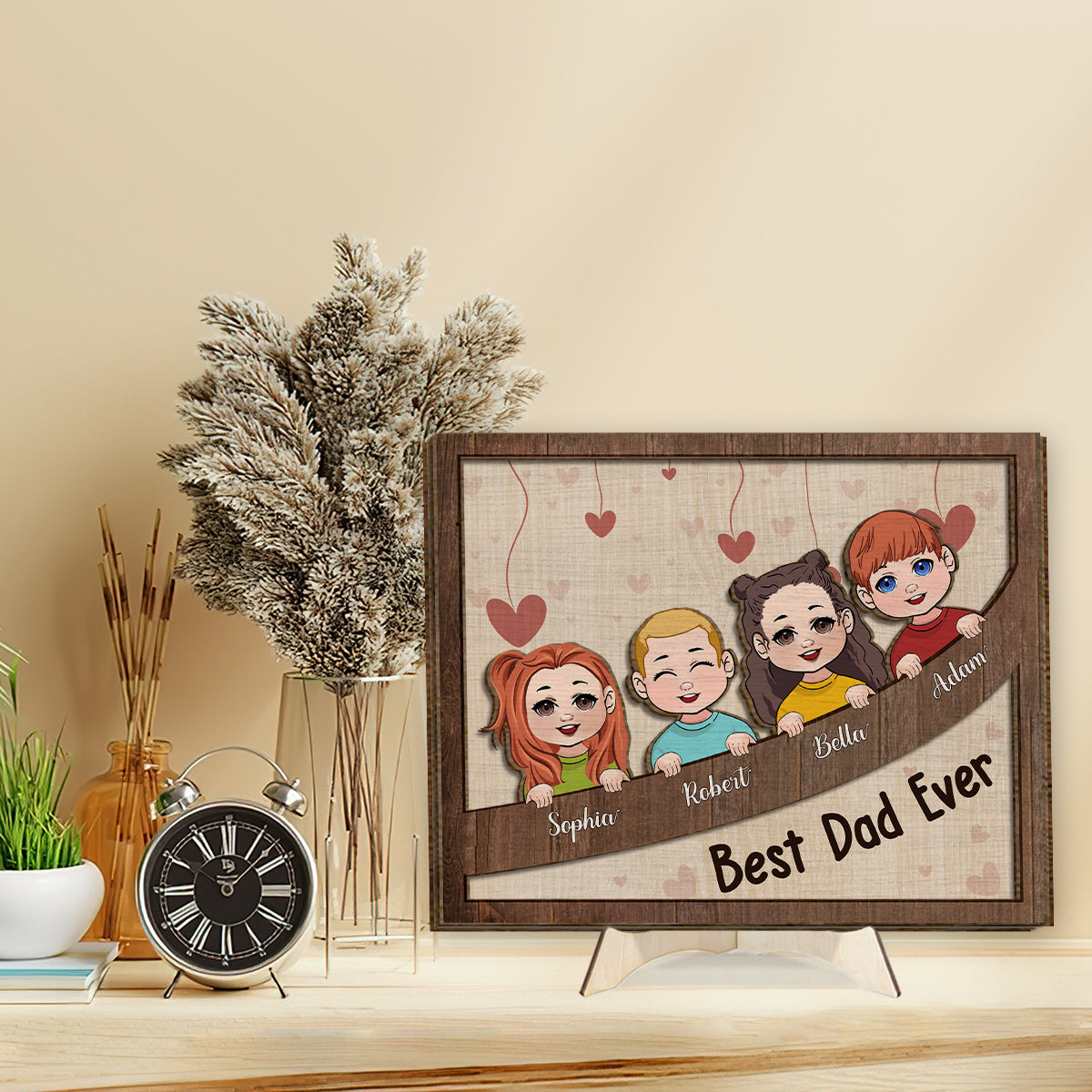 Bester Papa, Mama, Oma, Opa aller Zeiten – Personalisiertes 2-lagiges Holzschild/Holzplakette für Väter (Chibi-Kinder)