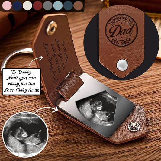 Now You Can Carry Me Daddy - Personalized Pregnancy Leather Photo Keychain