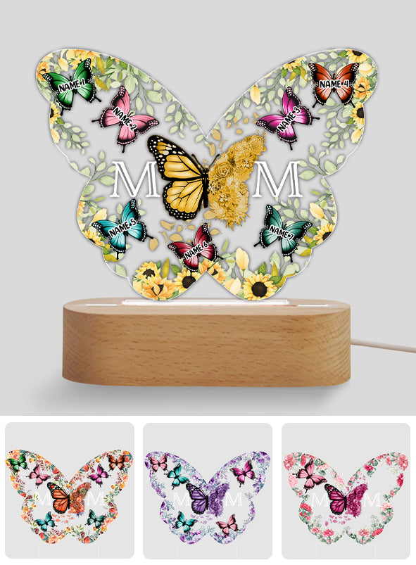 Mother And Children Butterflies - Personalized Mother Shaped Plaque Light Base