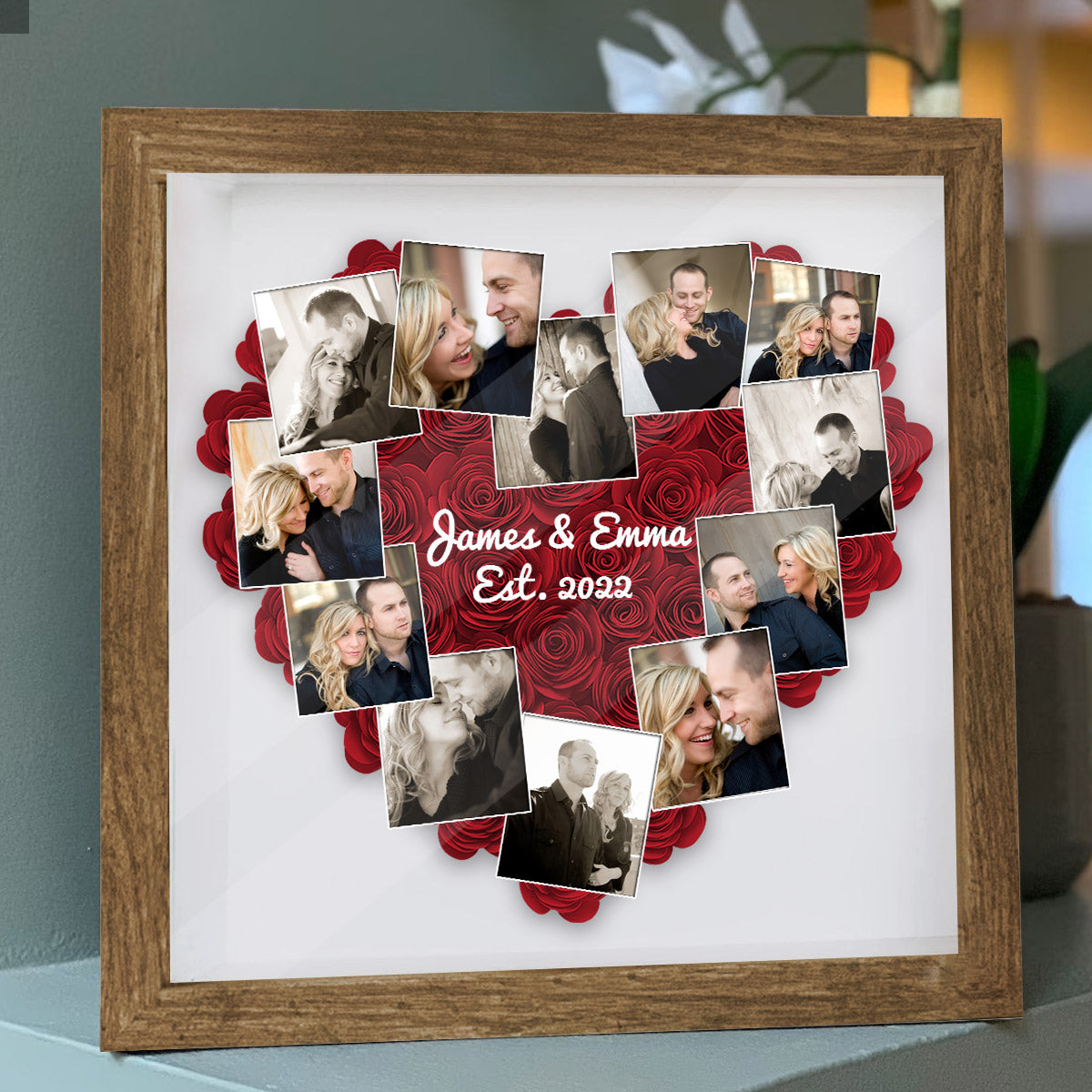 Romantisches Geschenk mit Herzfotos im Polaroid-Stil – personalisierte Blumen-Schattenbox für Paare