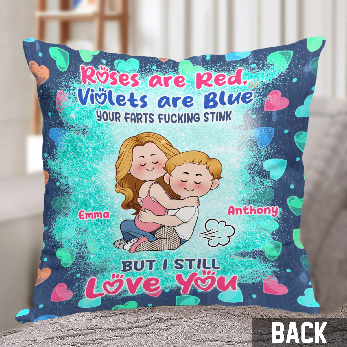 Deine Fürze stinken zum Himmel, aber ich liebe dich trotzdem – personalisiertes Pärchenkissen