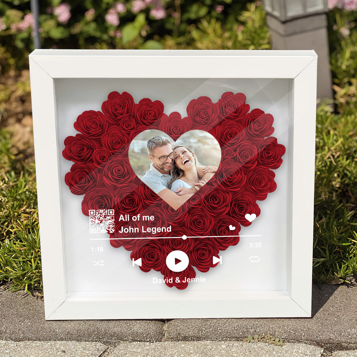 Personalisierter QR-Code mit Foto, Lieblingslied – personalisierte Blumen-Schattenbox für Paare
