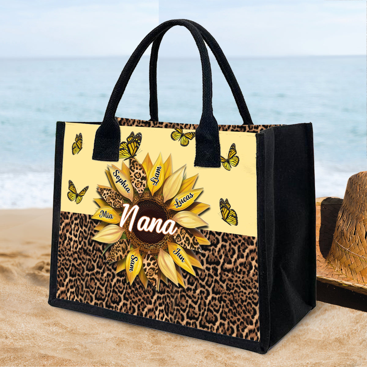 Oma, Mama, Tante, Familie, Sonnenblumen, Schmetterlinge – Personalisierte Tragetasche aus Canvas