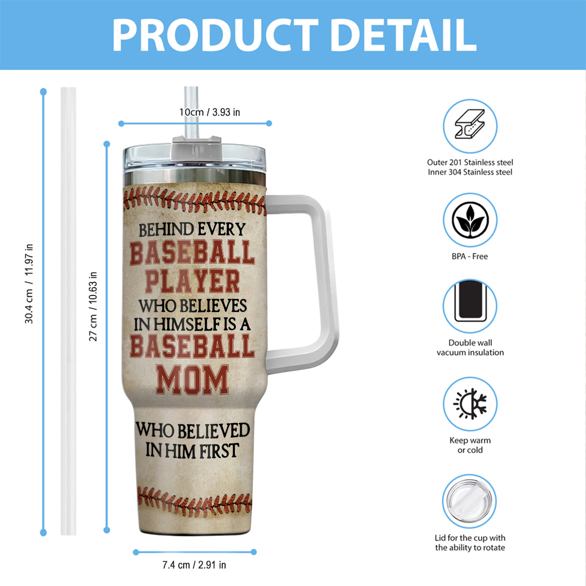 Hinter jedem Baseballspieler steht eine Mutter – personalisierter Baseball-Trinkbecher mit Henkel