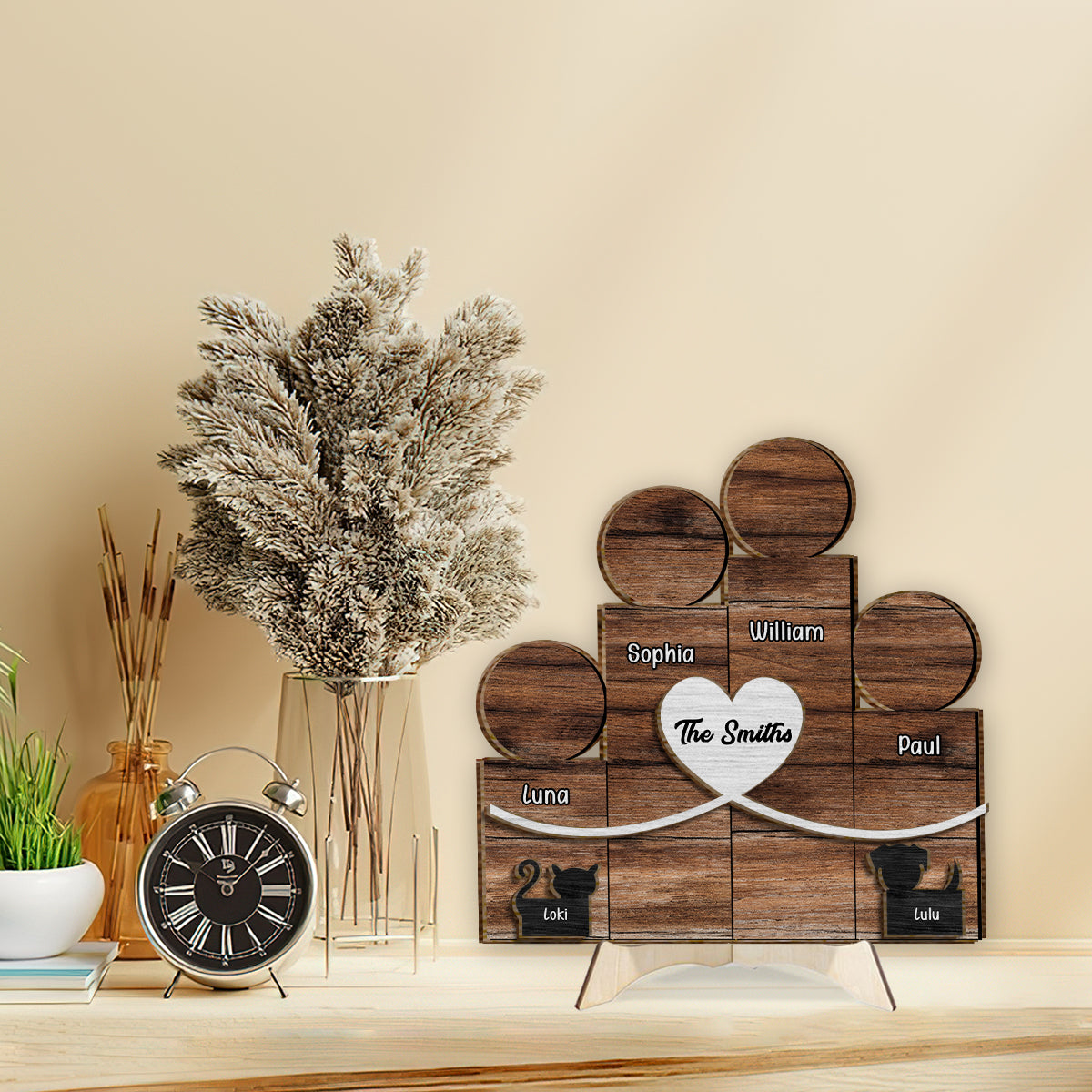 Familienfiguren aus Holzblöcken – Personalisiertes zweilagiges Familienschild aus Holz / Holzplakette