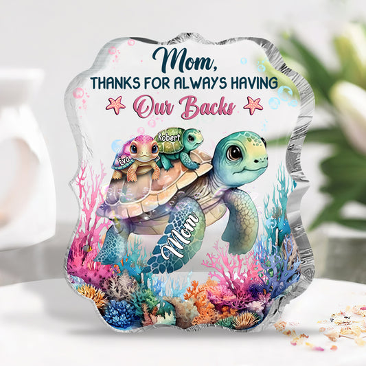 Schildkrötenmama, danke, dass du immer für uns da bist – personalisierte Acrylplakette in Schildkrötenform