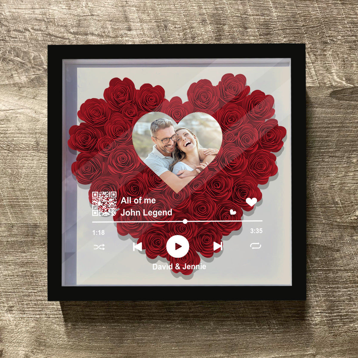 Personalisierter QR-Code mit Foto, Lieblingslied – personalisierte Blumen-Schattenbox für Paare