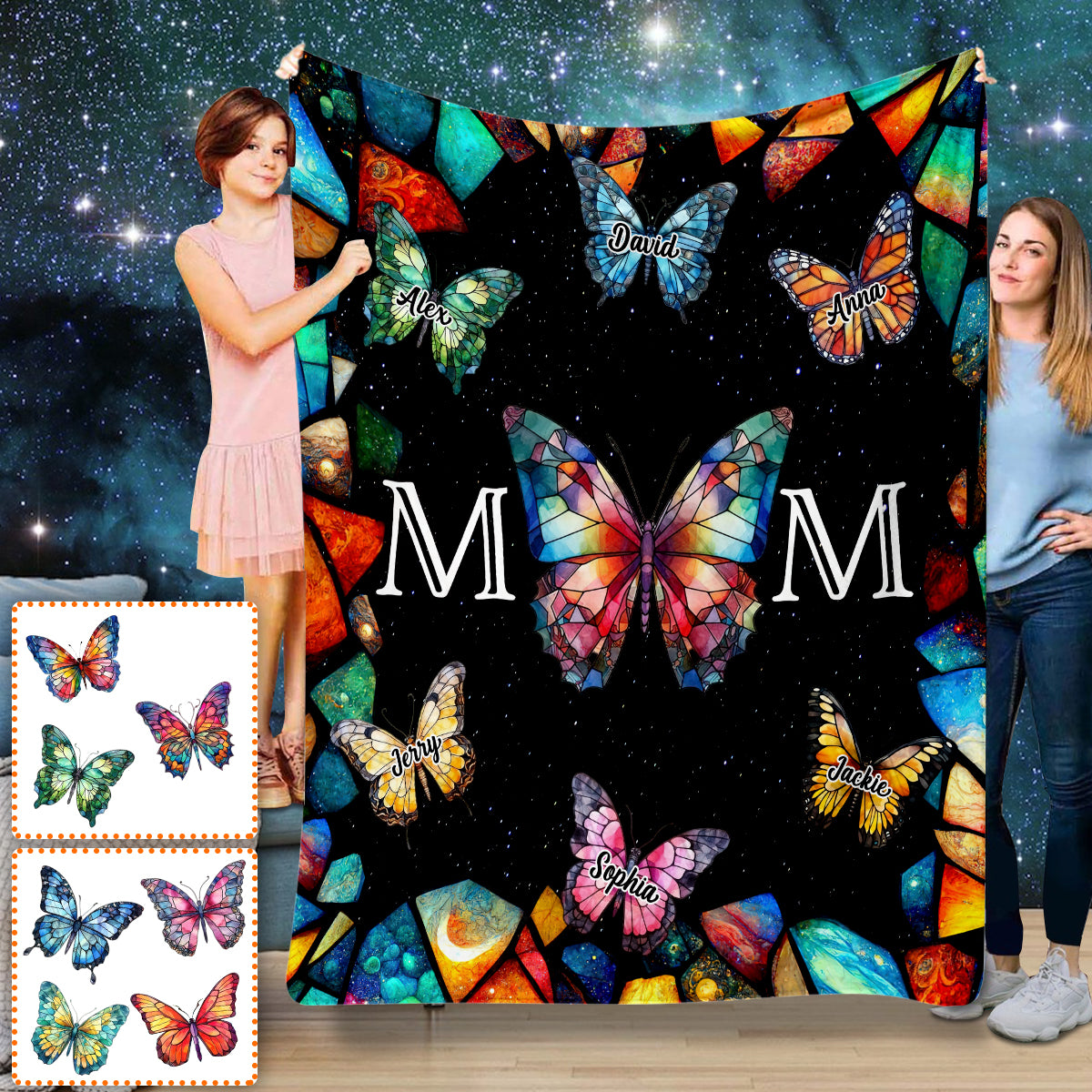 Bunte Schmetterlings-Mama-Decke aus Buntglas - Personalisierte Mama-Decke