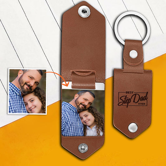 Bester Stiefvater aller Zeiten – Geschenk für Stiefväter – Personalisierter Leder-Foto-Schlüsselanhänger