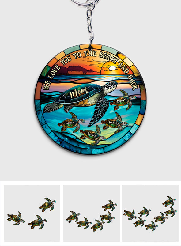 Ich liebe dich bis zum Strand und zurück – Schildkrötenmutter und Kinder – personalisierter Schildkröten-Schlüsselanhänger