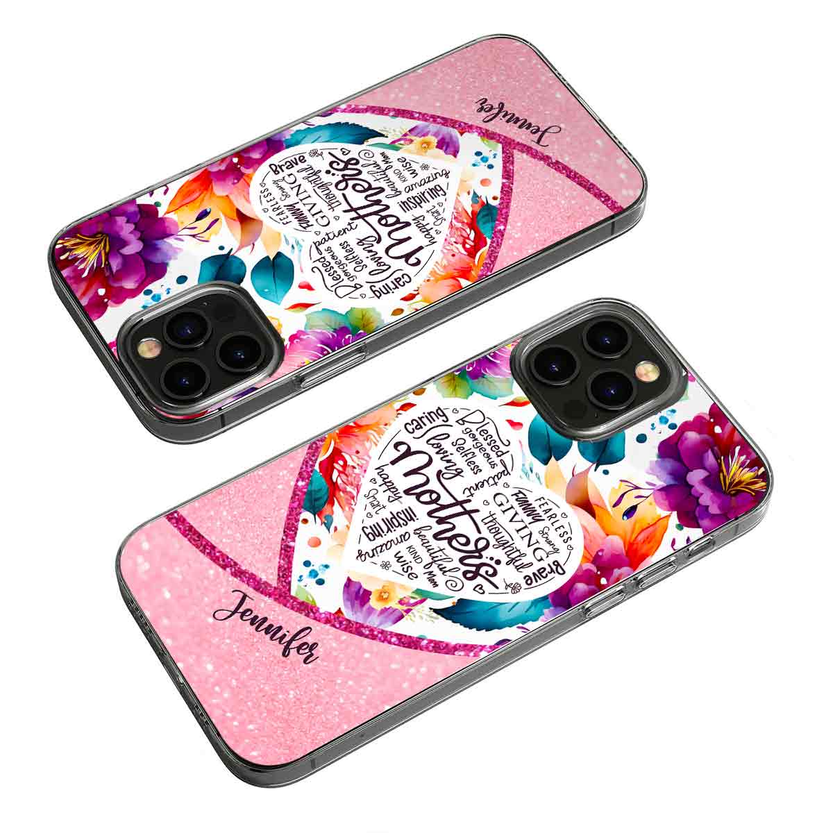 Mutter ist schön – Personalisierte transparente Handyhülle mit lebendigem Blumenmuster und dem Aufdruck „Mutter ist schön“