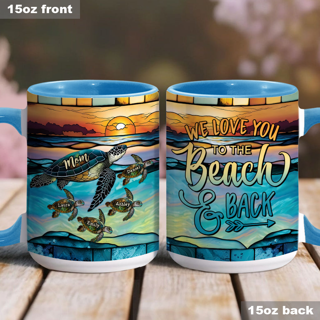 Ich liebe dich bis zum Strand und zurück, Schildkrötenmutter und Kinder – personalisierte Tasse mit Schildkrötenmotiv