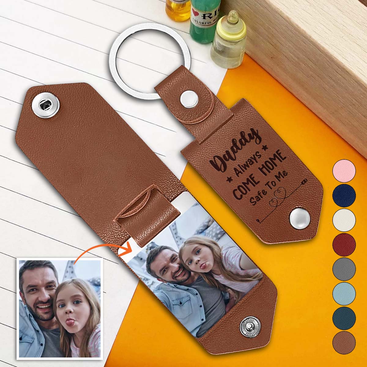 Personalisierter Leder-Schlüsselanhänger mit Foto – Geschenk für Papa – Personalisierter Foto-Schlüsselanhänger aus Leder