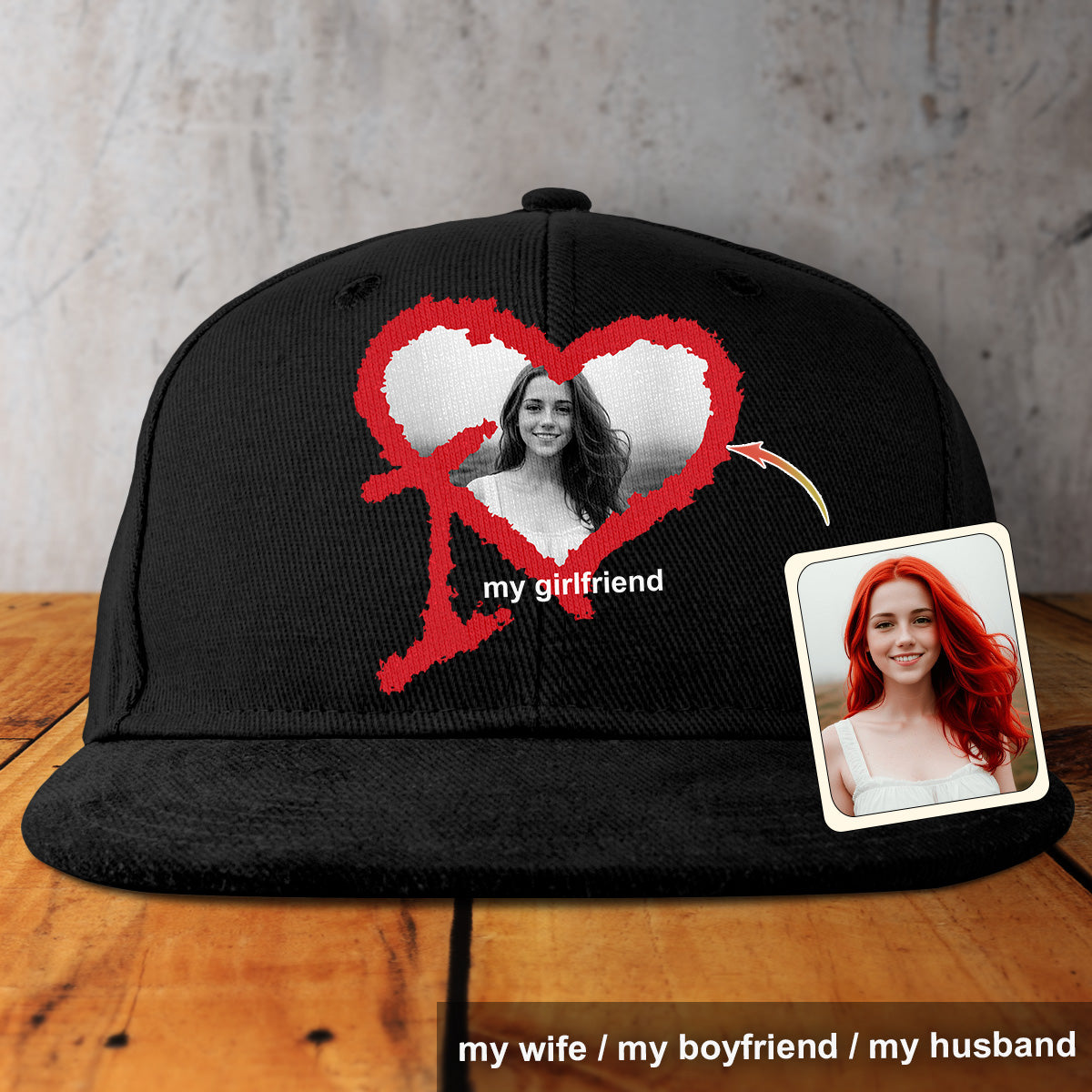 Ich liebe meine Freundin, meinen Freund, meinen Ehemann, meine Ehefrau – Personalisierter Paar-Snapback mit individuellem Foto