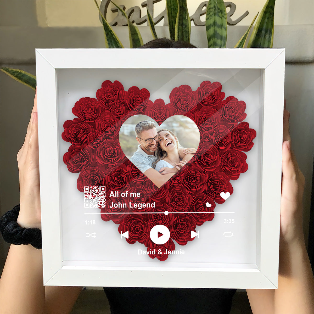 Personalisierter QR-Code mit Foto, Lieblingslied – personalisierte Blumen-Schattenbox für Paare