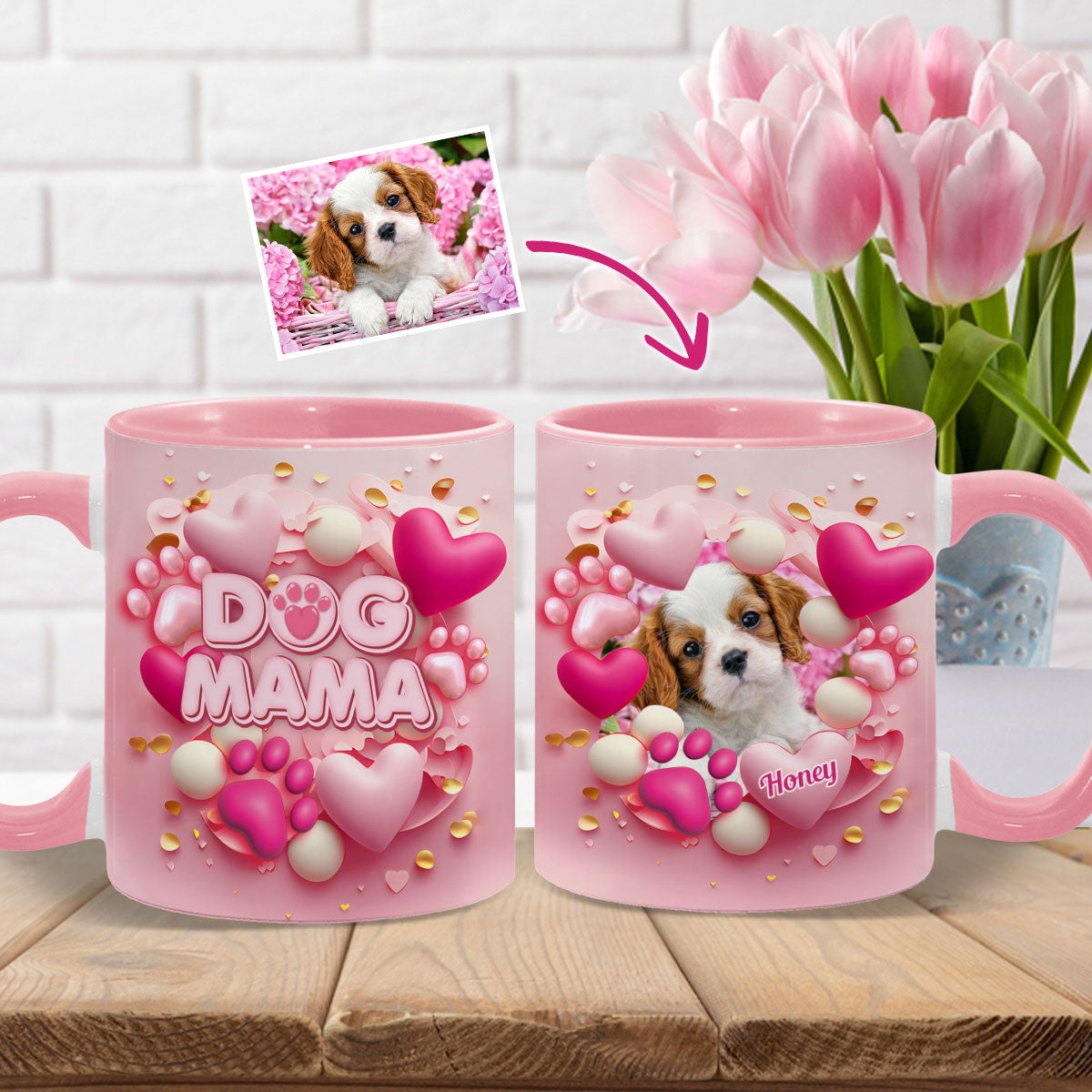 Hund, Katze, Mama, Fellmama, 3D-Herz in Rosa – personalisierte Tasse mit Hundemotiv
