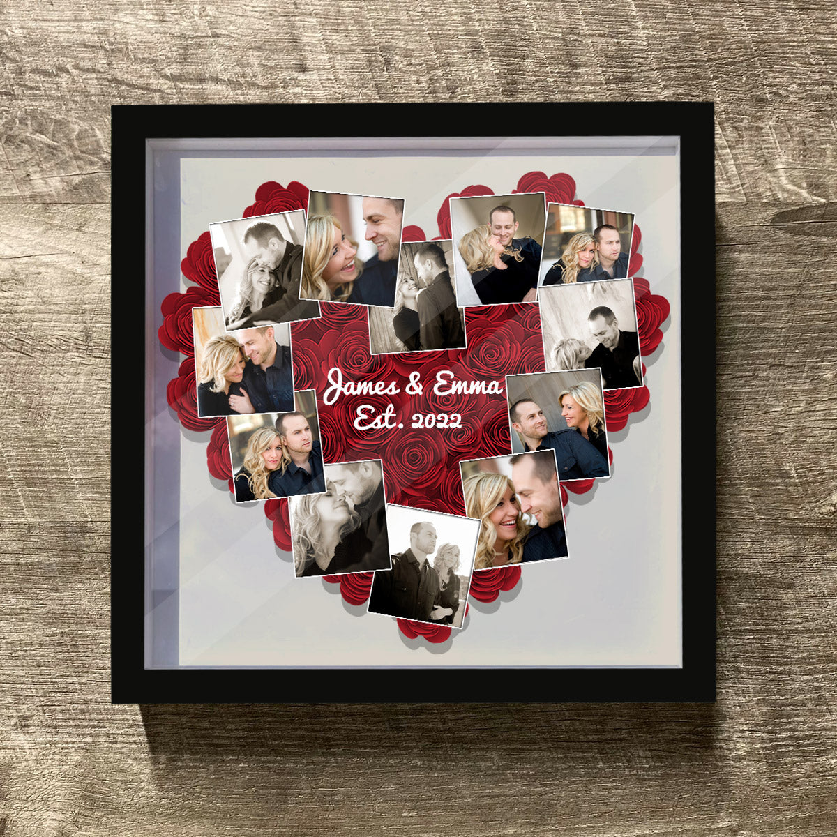 Romantisches Geschenk mit Herzfotos im Polaroid-Stil – personalisierte Blumen-Schattenbox für Paare