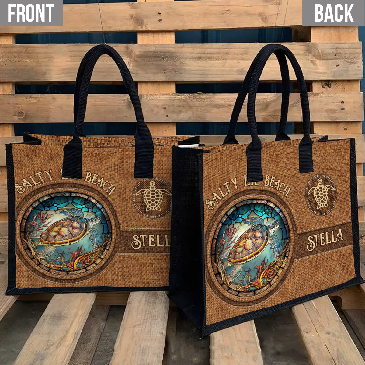 Salty Lil Beach – Personalisierte Tragetasche aus Canvas mit Schildkrötenmotiv