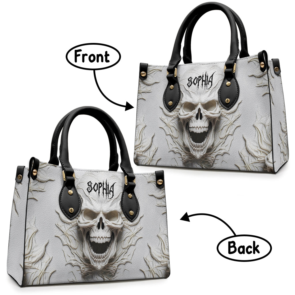 Wunderschöne weiße Skelett-Handtasche aus Leder mit Totenkopfmotiv – personalisierbar