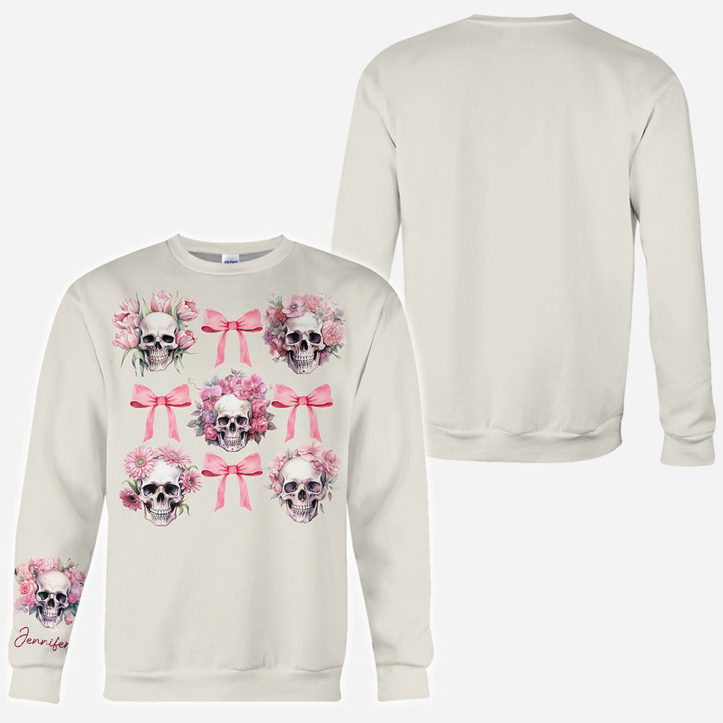 Pink Ribbon Coquette Bow Watercolor Skull - Personalized Skull All Over Shirt