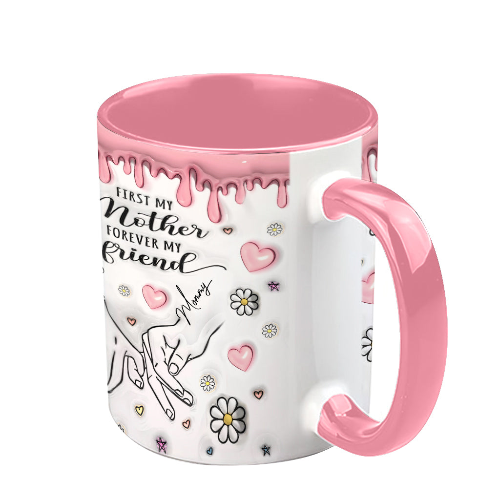 „Erst meine Mutter, für immer meine Freundin“ – personalisierte Tasse mit Muttermotiv