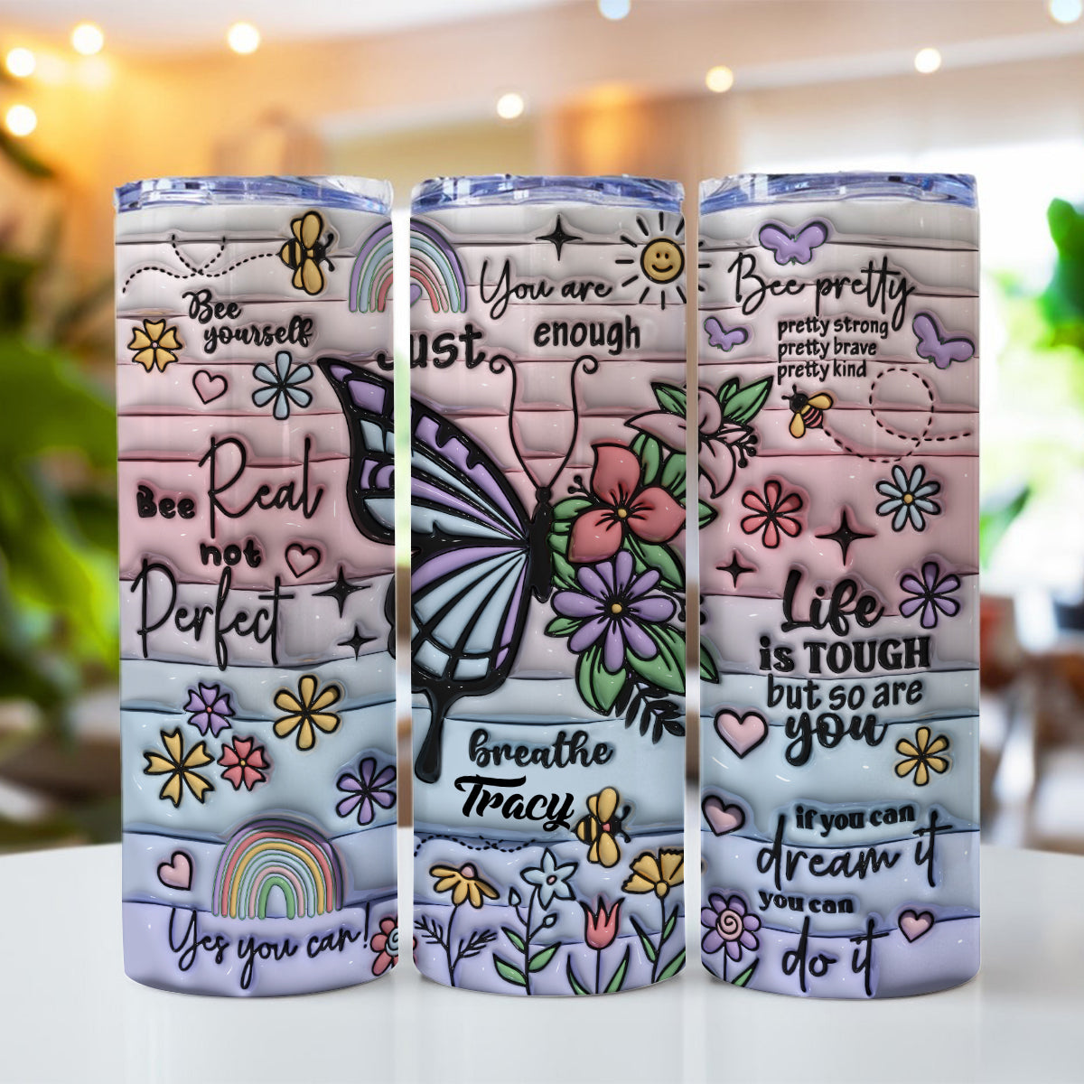 Schmetterlinge mit positiven Affirmationen – personalisierter schlanker Becher