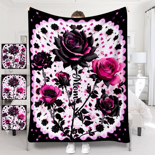Mutter, Oma und Kinder, Schwarze und Rosa Rosen – Personalisierte Mutterdecke