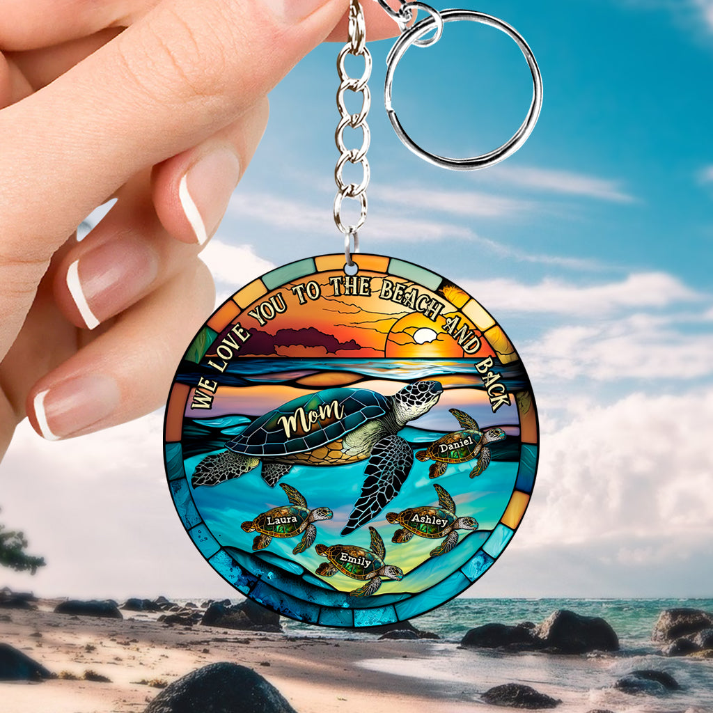 Ich liebe dich bis zum Strand und zurück – Schildkrötenmutter und Kinder – personalisierter Schildkröten-Schlüsselanhänger