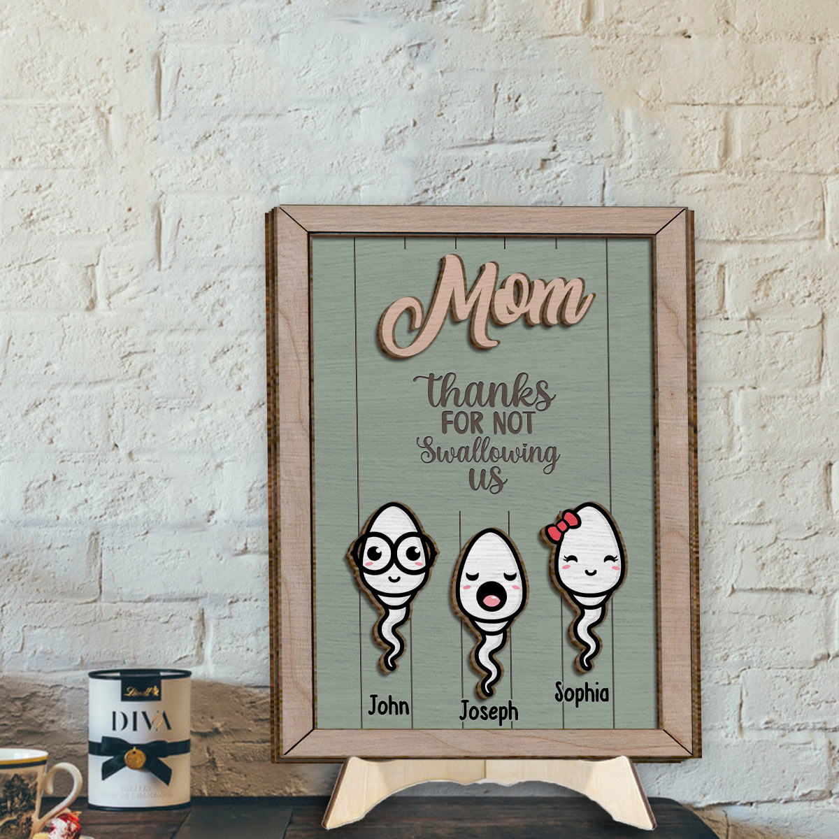 „Danke, dass du nicht geschluckt hast“ – Lustiges, personalisiertes zweilagiges Holzschild für Mütter / Holzplakette
